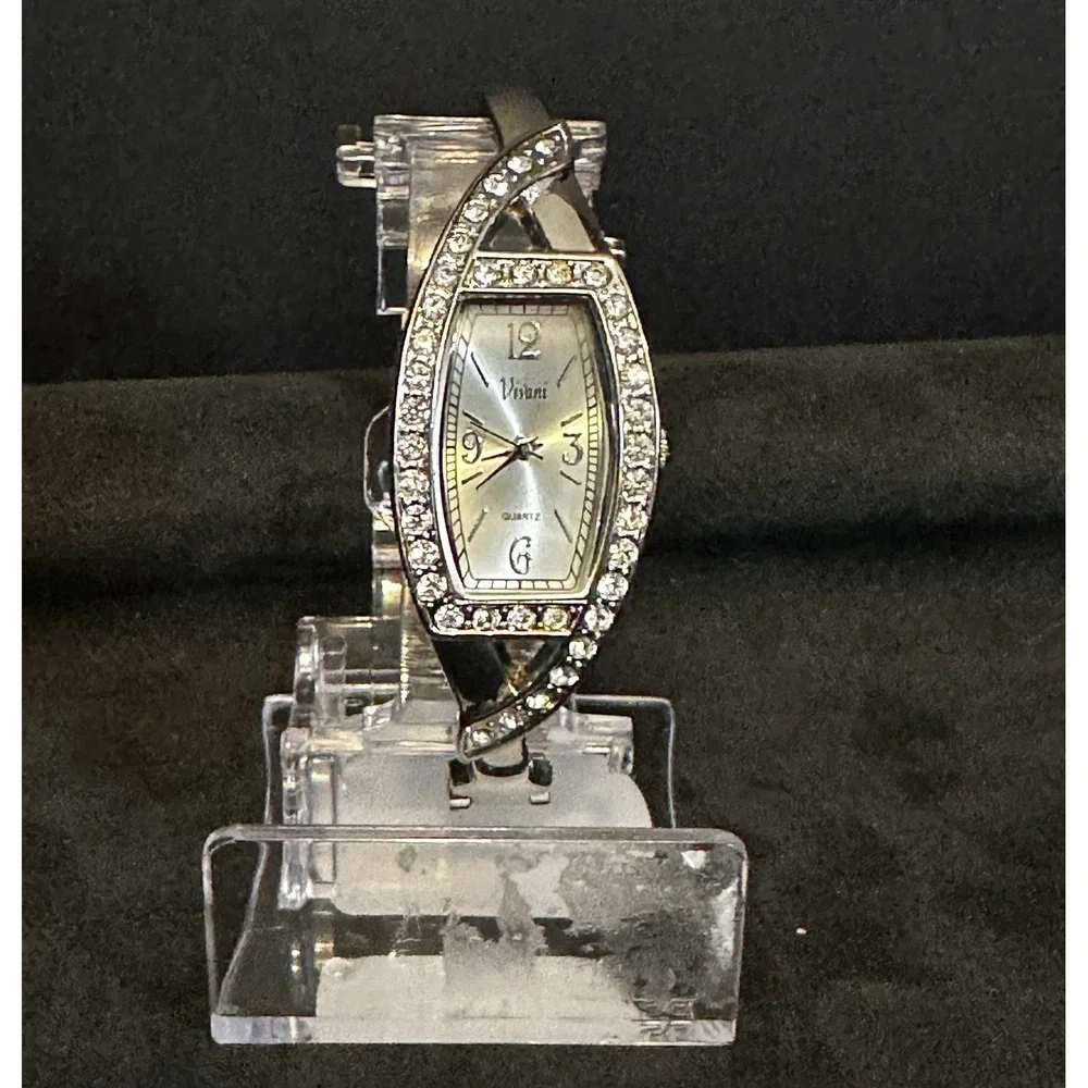 Vivani Bangle Watch Womens OS Silver‎ Tone Rhinestone Bezel Dressy